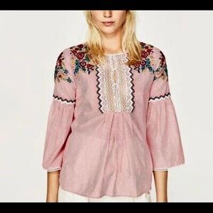 ZARA Striped and Embroidered Fashion Top
